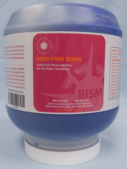 clear jar with blue product inside, red label - BISM PWR RINSE